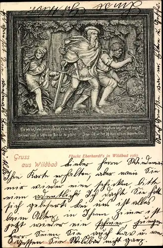 Ak Bad Wildbad im Schwarzwald, Darstellung der Flucht Eberhardt´s in Wildbad 1367