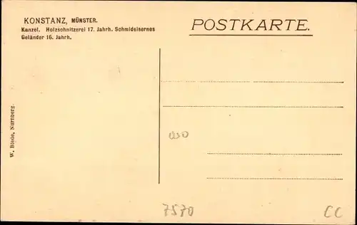 Ak Konstanz am Bodensee, Innenansicht Münster, Kanzel, Holzschnitzerei Geländer