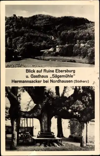 Ak Hermannsacker in Thüringen, Blick auf Ruine Ebersburg, Gasthaus Sägemühle