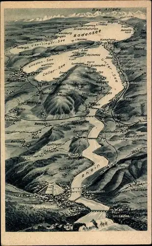 Landkarten Ak Konstanz, Rhein, Bodensee bis zum Rheinfall, Elzwiten, Laufen, Schaffhausen, Meersburg