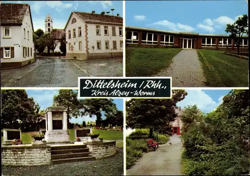 Ak Dittelsheim Heßloch im Wonnegau, Denkmal, Parkweg, Gebäude, Kirche