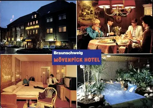 Ak Braunschweig in Niedersachsen, Mövenpick Hotel, Außenansicht bei Nacht, Rössli, Doppelzimmer