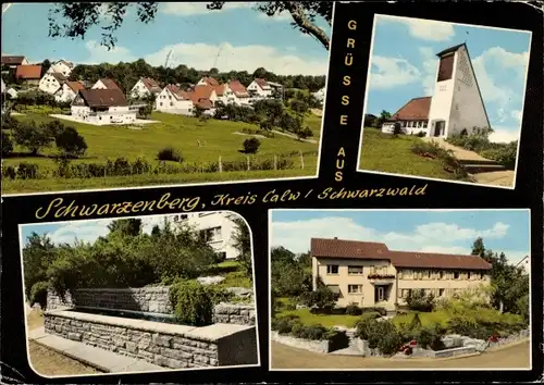 Ak Schömberg im Schwarzwald Württemberg, Panorama, Kirche, Tränke, Gasthof-Pension Hirsch