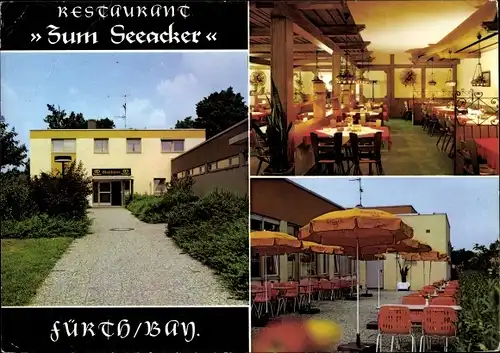 Ak Fürth in Mittelfranken Bayern, Restaurant Zum Seeacker, Speiseraum, Terrasse