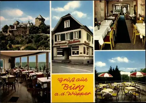 Ak Burg an der Wupper Solingen, Cafe-Restaurant Kalkum, Schloss, Speiseraum, Terrasse