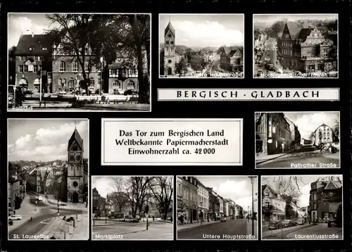 Ak Bergisch Gladbach in Nordrhein Westfalen, Rathaus, St. Laurentius, Marktplatz, Untere Hauptstr.