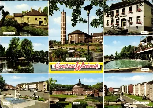 Ak Wickrath Mönchengladbach am Niederrhein, Schlossmühle, Rathaus, Halbinsel, Pfarrkirche, Schloss