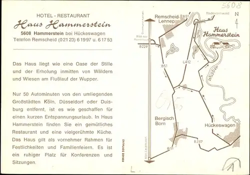 Ak Hückeswagen im Oberbergischen Kreis, Hotel-Restraunt Haus Hammerstein, Panorama, Speiseraum