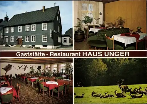 Ak Arnsberg im Sauerland, Haus Unger, Außen- u. Innenansicht, Jagdtrophäen, Rehe u. Hirsche