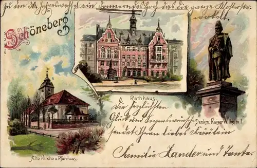 Litho Berlin Schöneberg, Apostel Pauluskirche, Rathaus, Denkmal Kaiser Wilhelm I