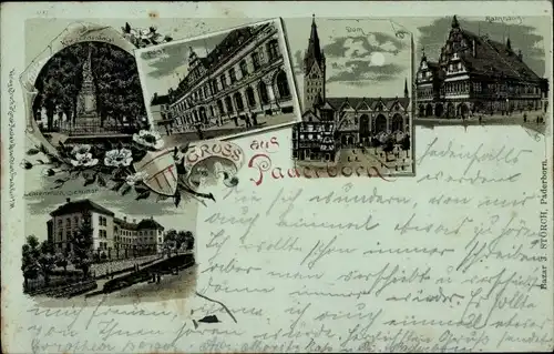 Mondschein Litho Paderborn, Post, Dom, Rathaus, Lehrerinnenseminar, Kriegerdenkmal