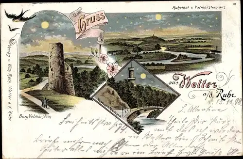 Mondschein Litho Wetter an der Ruhr, Burg Volmarstein, Ruhrtal, Harkortdenkmal