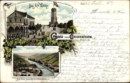 Litho Bad Ems an der Lahn, Concordiaturm, Restaurant, Blick auf den Ort