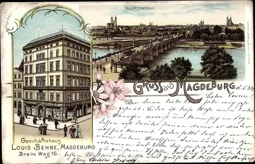 Litho Magdeburg, Geschäftshaus Louis Behne, Breite Weg 16, Panorama mit Brücke
