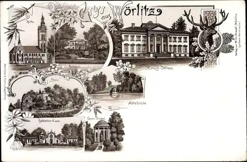 Litho Oranienbaum Wörlitz, Kirche, Schloss, Gothisches Haus, Venustempel