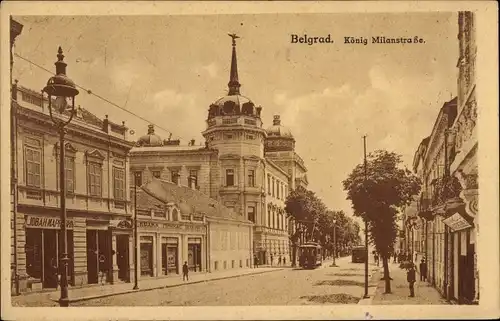 Ak Beograd Belgrad Serbien, König Milanstraße, Straßenbahn