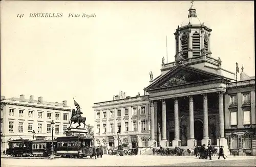 Ak Bruxelles Brüssel, Place Royal, Platz, Straßenbahnen, Denkmal