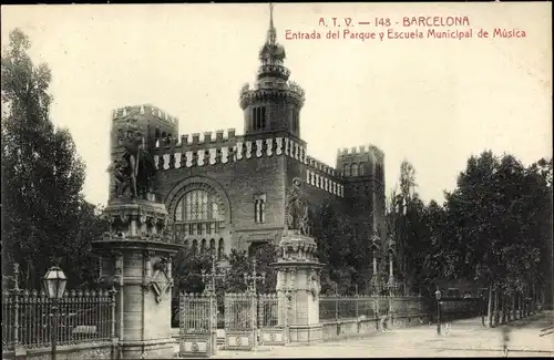 Ak Barcelona Katalonien Spanien, Entrada del Parque y Escuela Minicipal de Musica