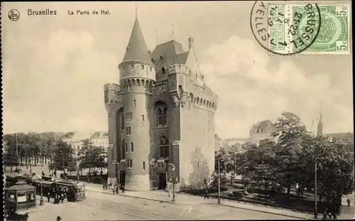 Ak Bruxelles Brüssel, La Porte de Hal, Straßenbahn
