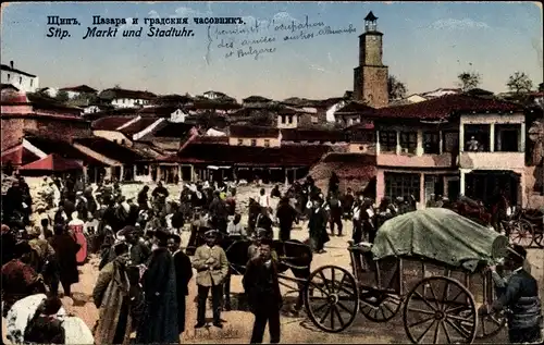 Ak Štip Mazedonien, Markt mit Stadtuhr
