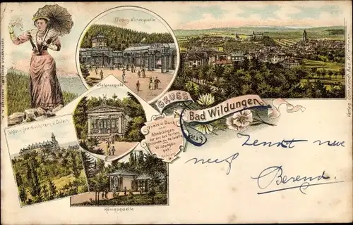 Litho Bad Wildungen in Hessen, Georg Victorquelle, Königsquelle, Schloss Friedrichstein, Totale