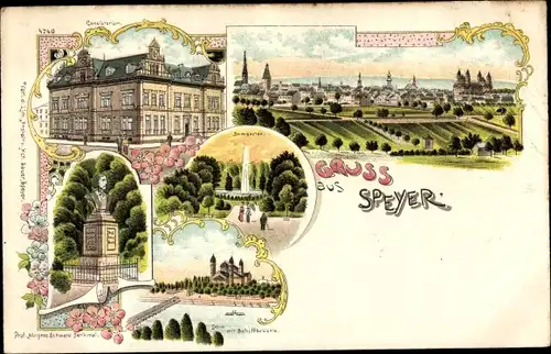 Litho Speyer am Oberrhein Rheinland Pfalz, Konsistorium, Domgarten, Schiffbrücke, Denkmal