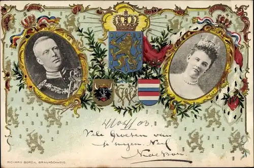 Präge Wappen Ak Königin Wilhelmina der Niederlande, Heinrich zu Mecklenburg, Portrait