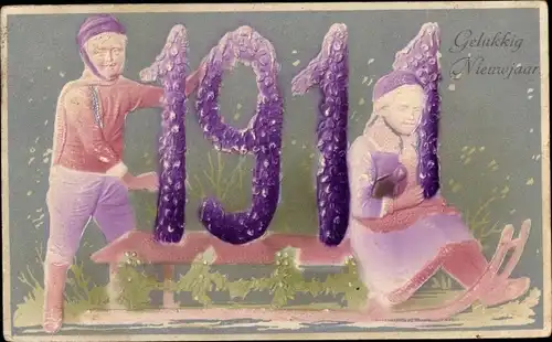 Präge Ak Glückwunsch Neujahr, Kinder mit Schlitten, Jahreszahl 1911