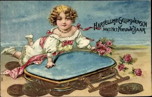 Präge Litho Glückwunsch Neujahr, Mädchen, Portemonnaie, Münzen