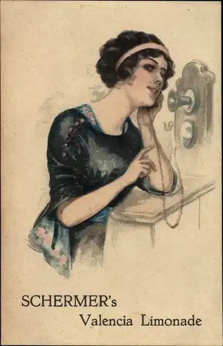 Künstler Ak Schermer's Valencia Limonade, Reklame, Frau am Telefon
