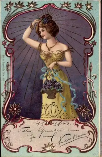 Litho Frau in gelbem Kleid mit Blumenkorb