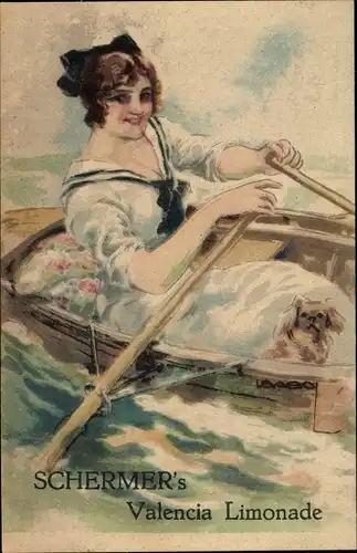 Künstler Ak Usabal, Schermer's Valencia Limonade, Reklame, Frau im Ruderboot