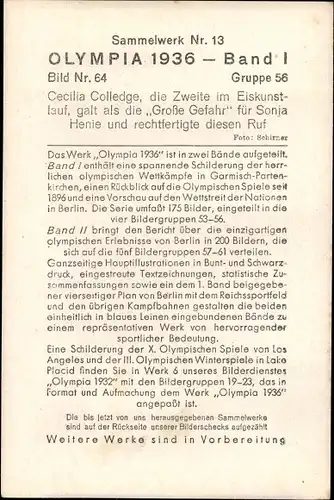 Sammelbild Olympia 1936, Olympische Winterspiele, Eiskunstläuferin Cecilia Colledge