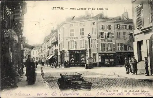 Ak Épinal Lothringen Vosges, Rues Aubert et du Boudiou, Epicerie, Cycles Joly