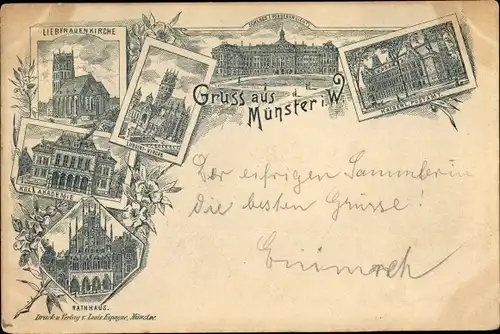 Litho Münster in Westfalen, Postamt, Rathaus, Liebfrauenkirche, Königliche Akademie