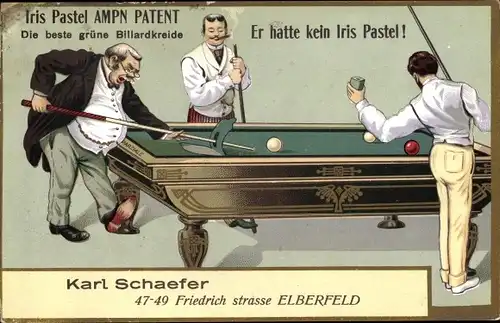Litho Männer spielen Billard, Reklame, Iris Pastel Billardkreide, Karl Schaefer, Elberfeld