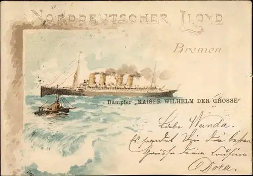 Litho Dampfschiff Kaiser Wilhelm der Große, Norddeutscher Lloyd Bremen