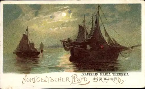Mondschein Litho Dampfschiff Kaiserin Maria Theresia, Norddeutscher Lloyd Bremen