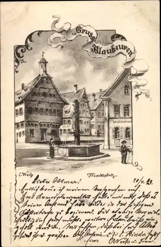 Künstler Ak Weiß, Blaubeuren Baden Württemberg, Marktplatz, Rathaus, Löwenbräu