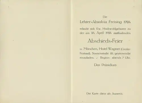 Studentika Klapp Ak Freising in Oberbayern, Lehrer Absolvia 1924, Einladungskarte