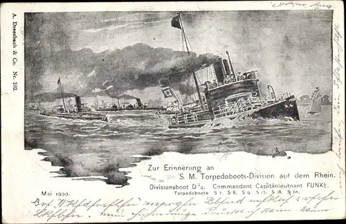 Ak SM Torpedoboots-Division auf dem Rhein, Commandant Capitänleutnant Funke, Erinnerungskarte