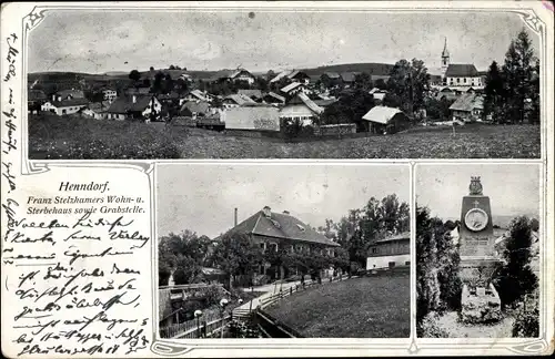 Ak Henndorf am Wallersee Salzburg, Panorama, Wohnhaus und Grab Franz Stelzhamer