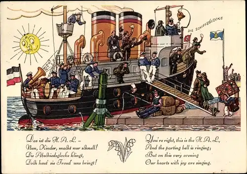 Künstler Ak Dampfschiff der HAPAG, Night of the Chimes, Glockenabend, Musikinstrumente, Orchester