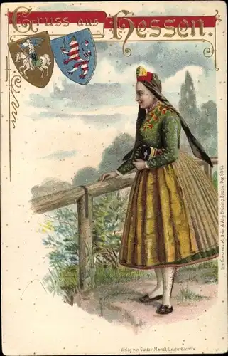 Wappen Litho Junge Frau in hessischer Tracht