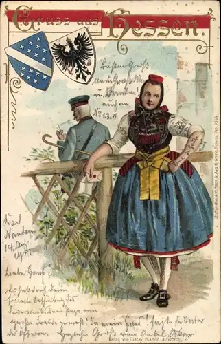 Wappen Litho Junge Frau in hessischer Tracht, Brief, Briefträger