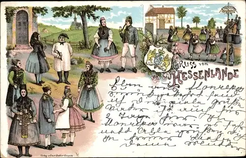 Wappen Litho Gruß vom Hessenlande, Männer und Frauen in Trachten