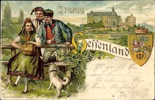 Wappen Litho Gruß vom Hessenlande, Männer und Frau in Trachten