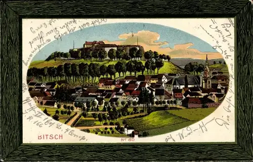 Passepartout Litho Bitche Bitsch Lothringen Moselle, Blick auf den Ort