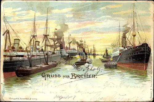 Litho Hansestadt Bremen, Dampfer im Hafen