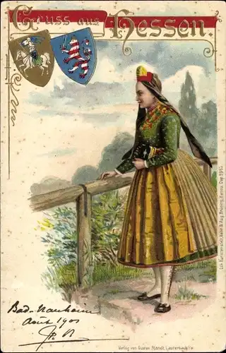 Wappen Litho Gruß aus Hessen, Frau in hessischer Tracht